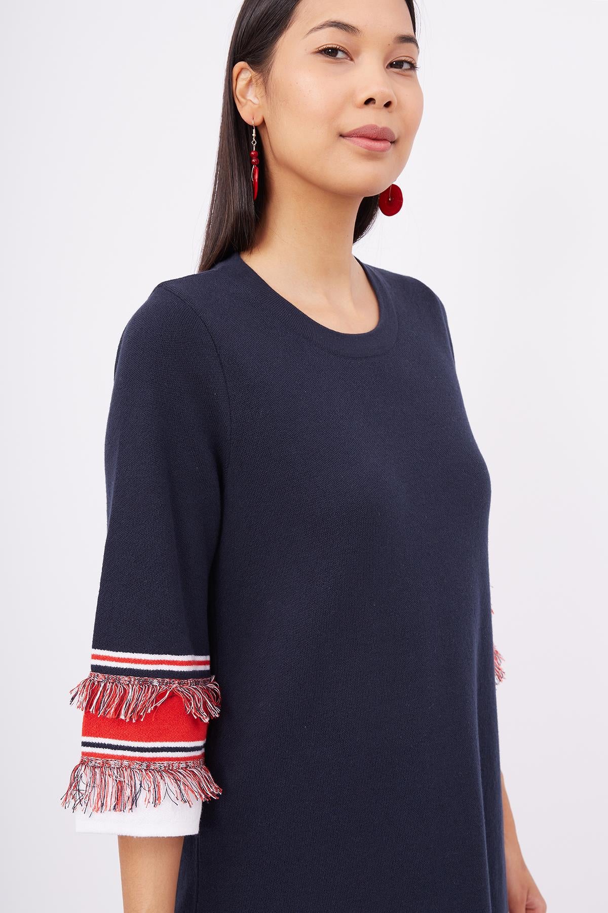 Peraluna-Hilda Dress Püskül Detaylı A Form 3/4 Kol Rahat Kadın Triko Elbise Lacivert-Elbise-3-fleurdirect.live