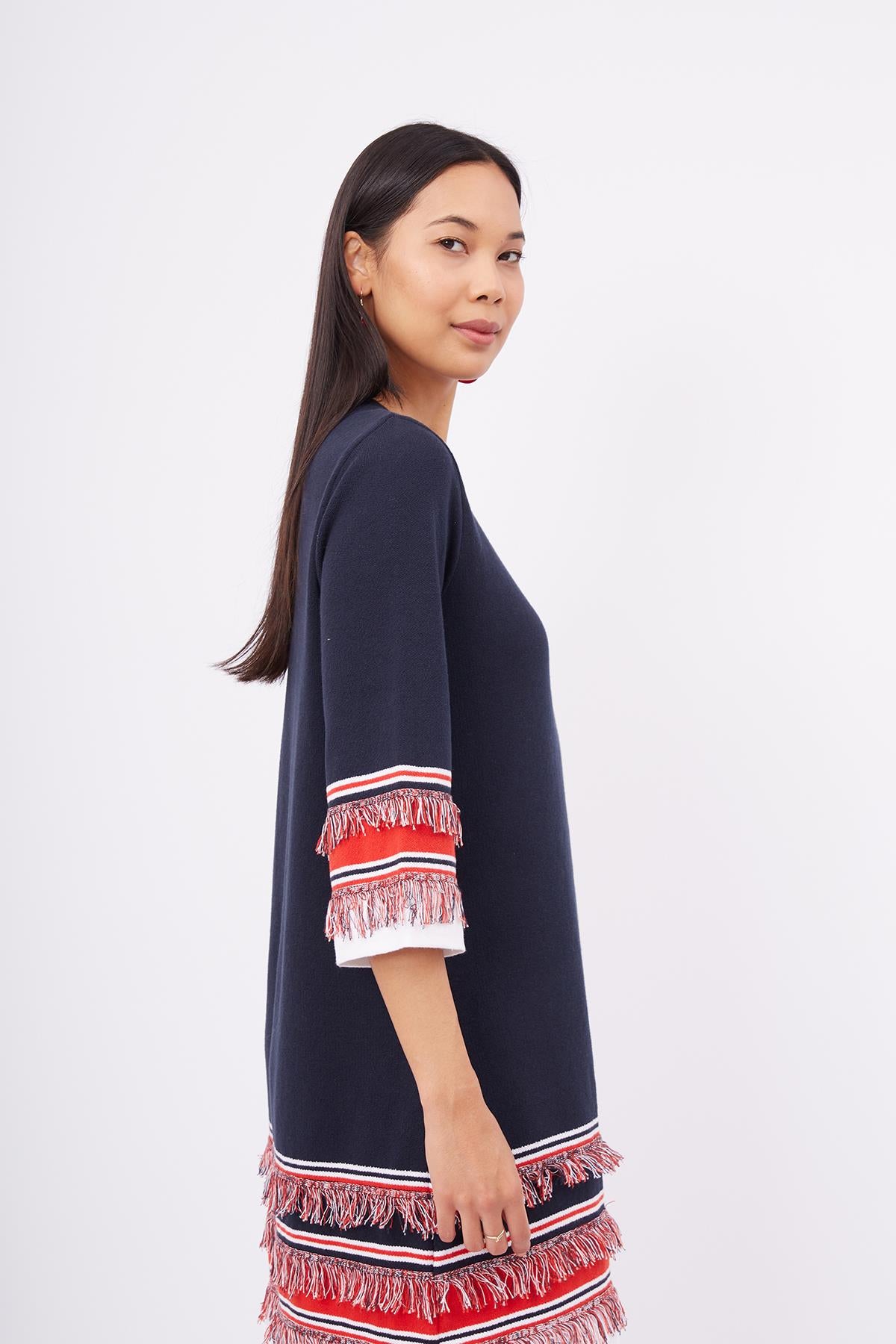Peraluna-Hilda Dress Püskül Detaylı A Form 3/4 Kol Rahat Kadın Triko Elbise Lacivert-Elbise-5-fleurdirect.live