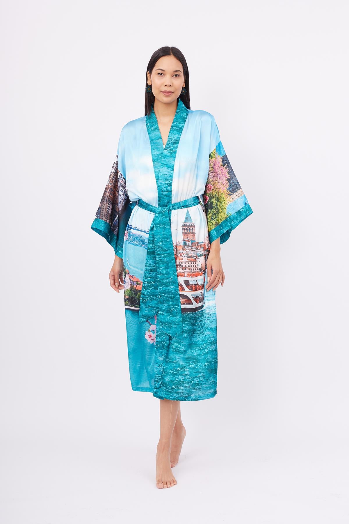 Peraluna-Istanbul Kimono İstanbul Manzara Baskılı 125 Cm Uzun Saten Kadın Kimono-Kimono-1-fleurdirect.live