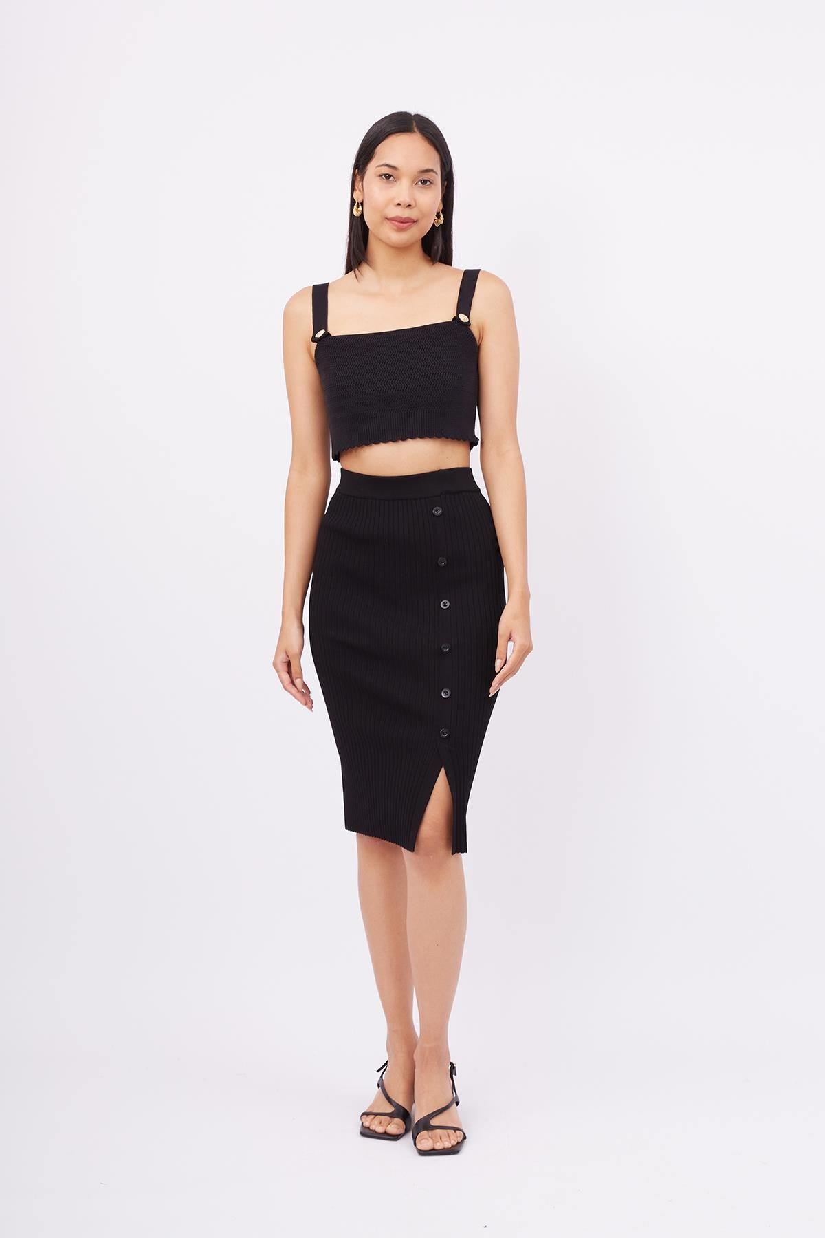 Peraluna-Jasmine Skirt Midi Boy Yandan Düğmeli Ribana Kadın Triko Etek Siyah-Etek-1-fleurdirect.live