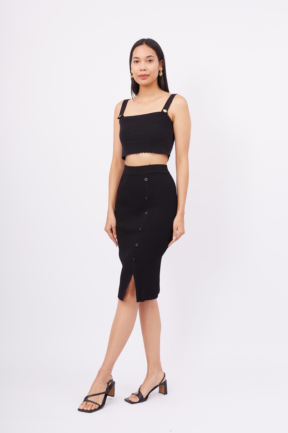 Peraluna-Jasmine Skirt Midi Boy Yandan Düğmeli Ribana Kadın Triko Etek Siyah-Etek-5-fleurdirect.live
