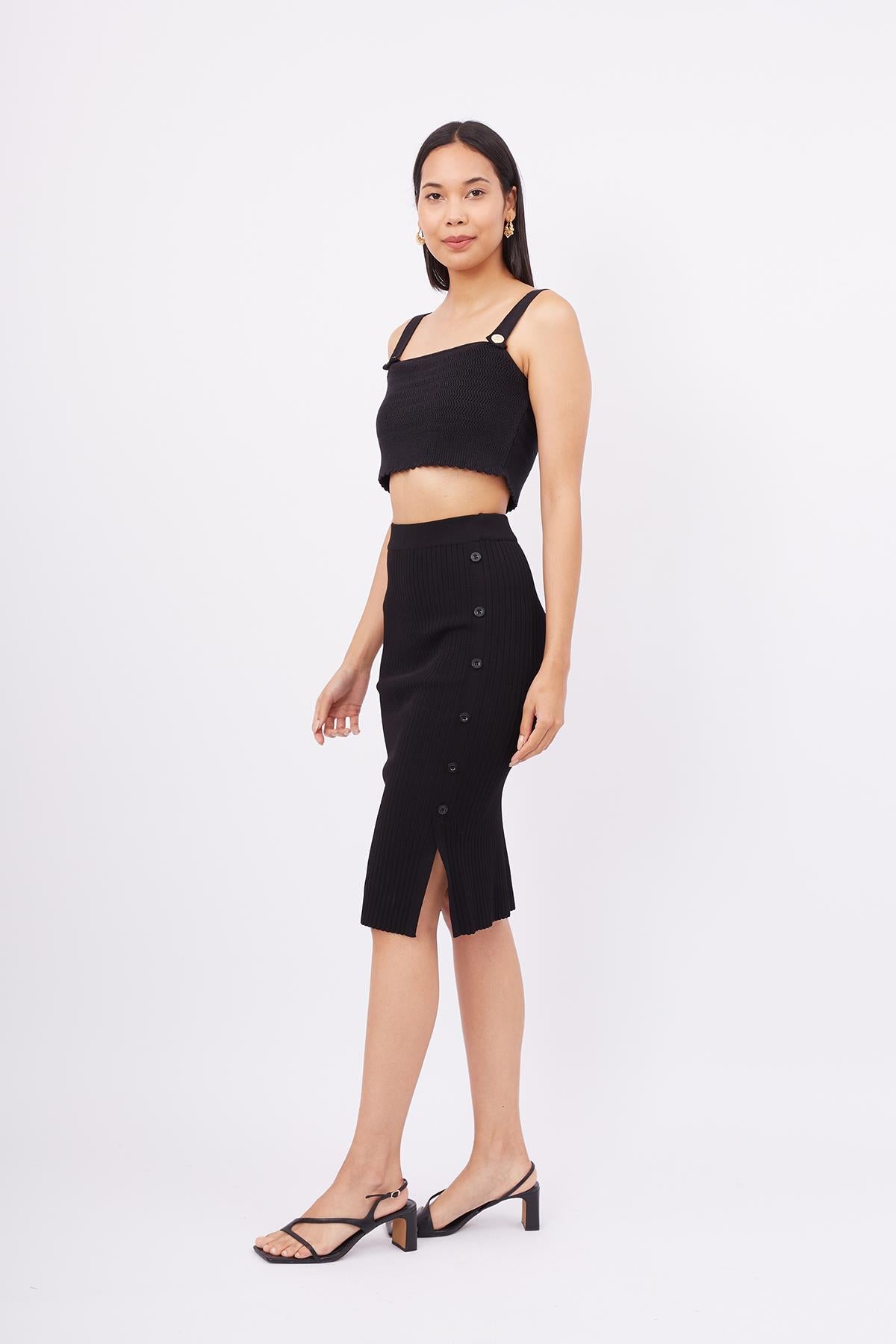 Peraluna-Jasmine Skirt Midi Boy Yandan Düğmeli Ribana Kadın Triko Etek Siyah-Etek-6-fleurdirect.live