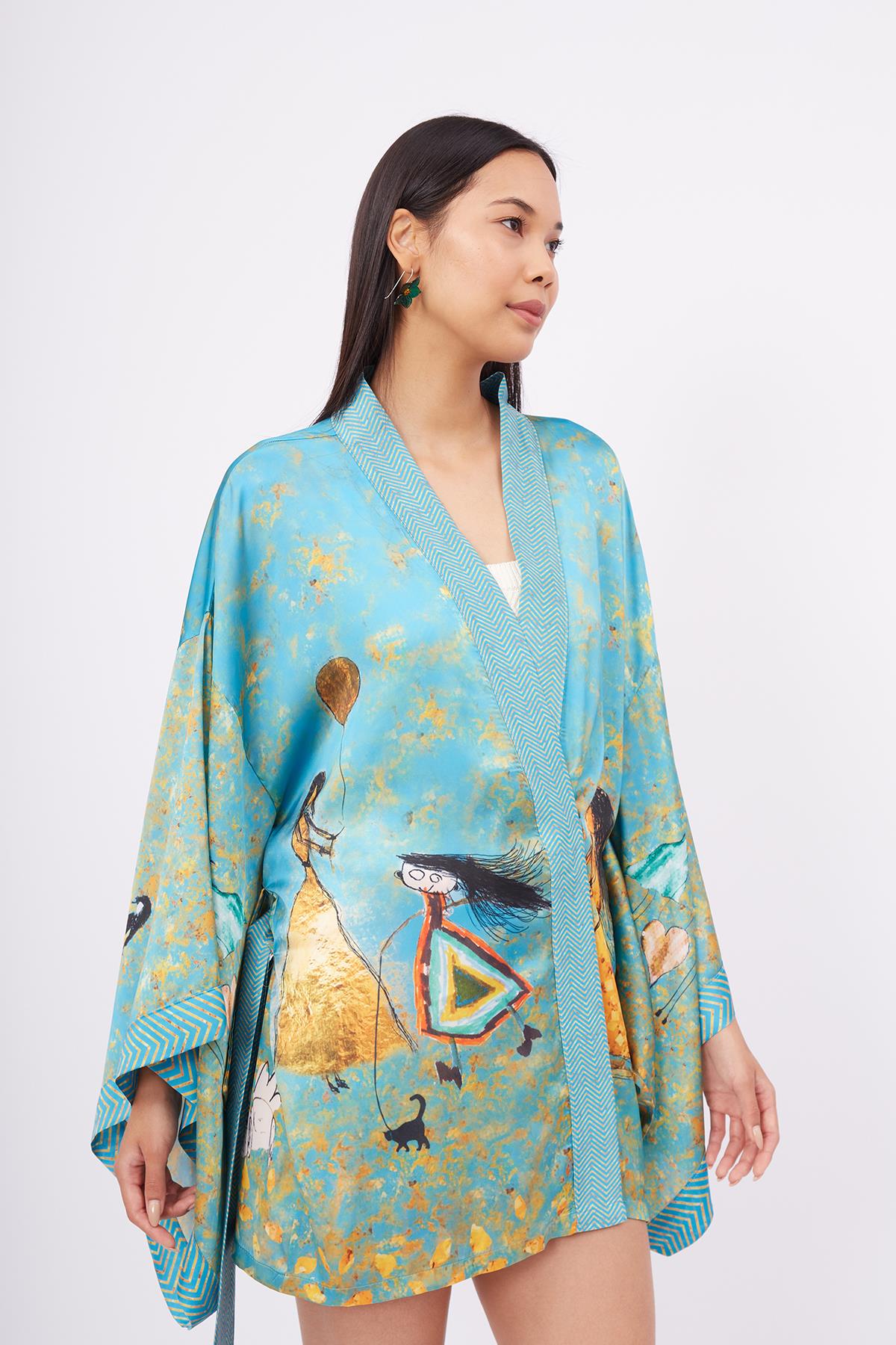 Peraluna-Joy Short Kimono Anne çocuk Baskılı Kısa Saten Kadın Kimono Turkuaz-Kimono-2-fleurdirect.live