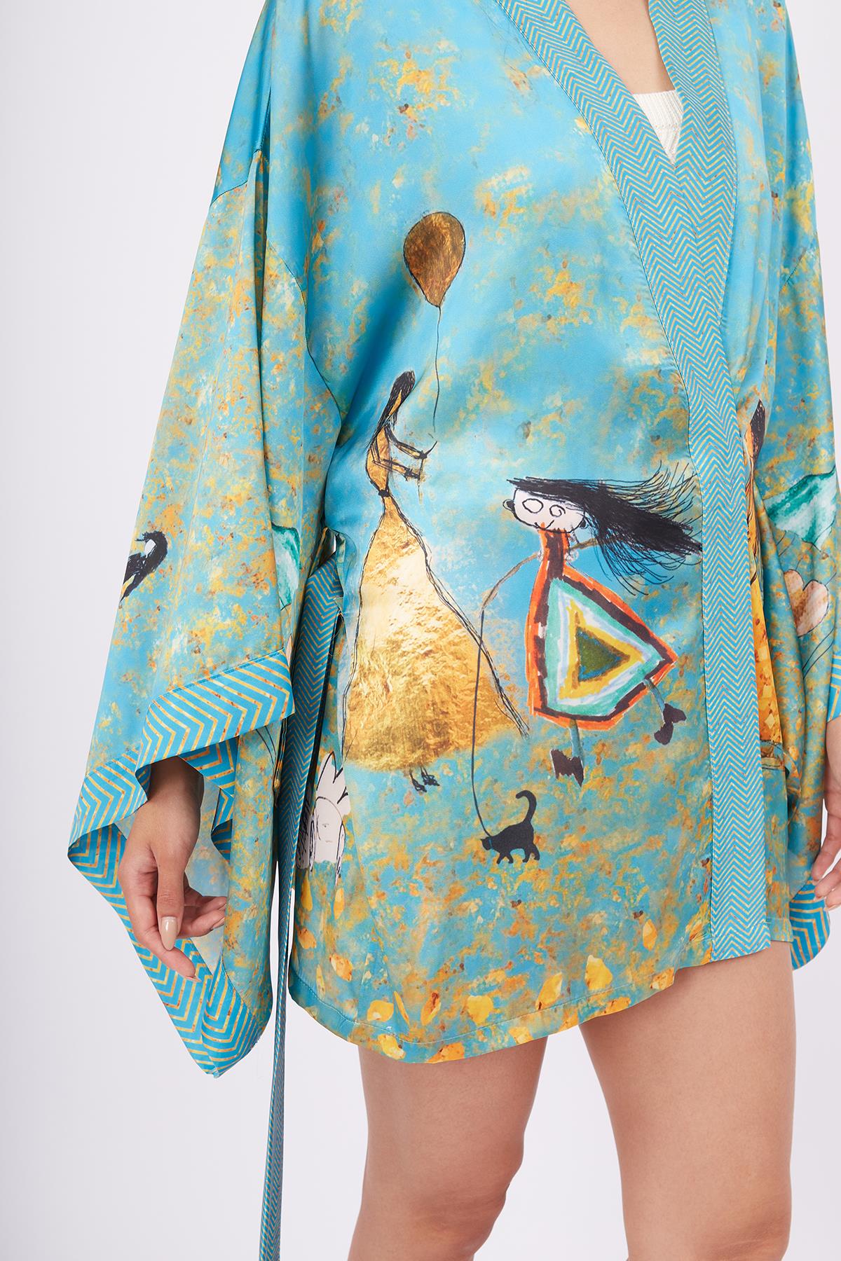 Peraluna-Joy Short Kimono Anne çocuk Baskılı Kısa Saten Kadın Kimono Turkuaz-Kimono-3-fleurdirect.live