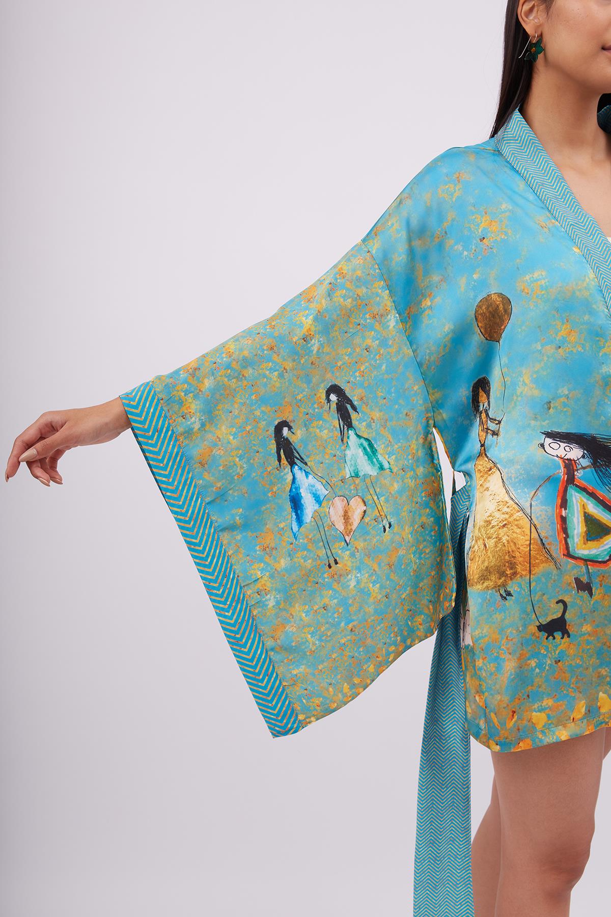 Peraluna-Joy Short Kimono Anne çocuk Baskılı Kısa Saten Kadın Kimono Turkuaz-Kimono-6-fleurdirect.live