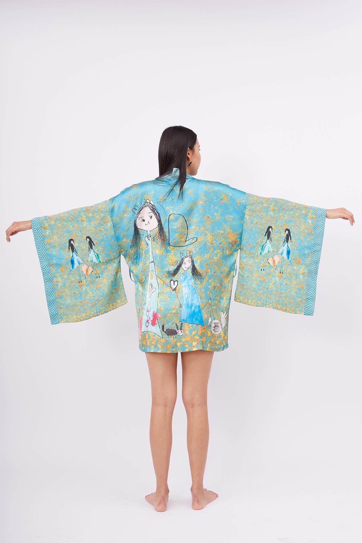 Peraluna-Joy Short Kimono Anne çocuk Baskılı Kısa Saten Kadın Kimono Turkuaz-Kimono-9-fleurdirect.live