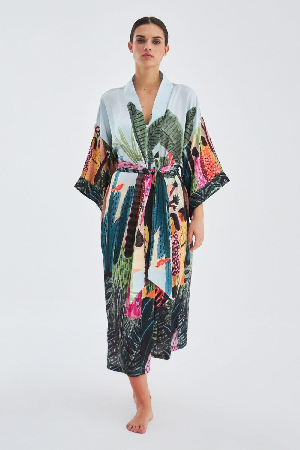 Peraluna-Kauri̇ Tropik Desenli Bilek Hizası Saten Kadın Kimono-Kimono-1-fleurdirect.live