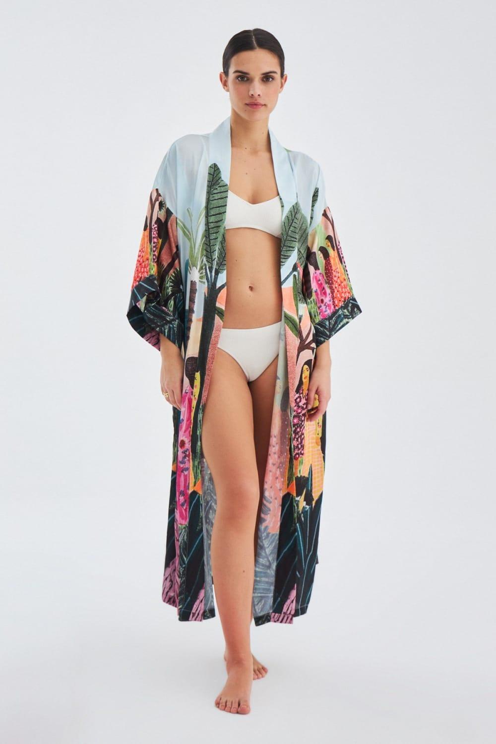 Peraluna-Kauri̇ Tropik Desenli Bilek Hizası Saten Kadın Kimono-Kimono-2-fleurdirect.live