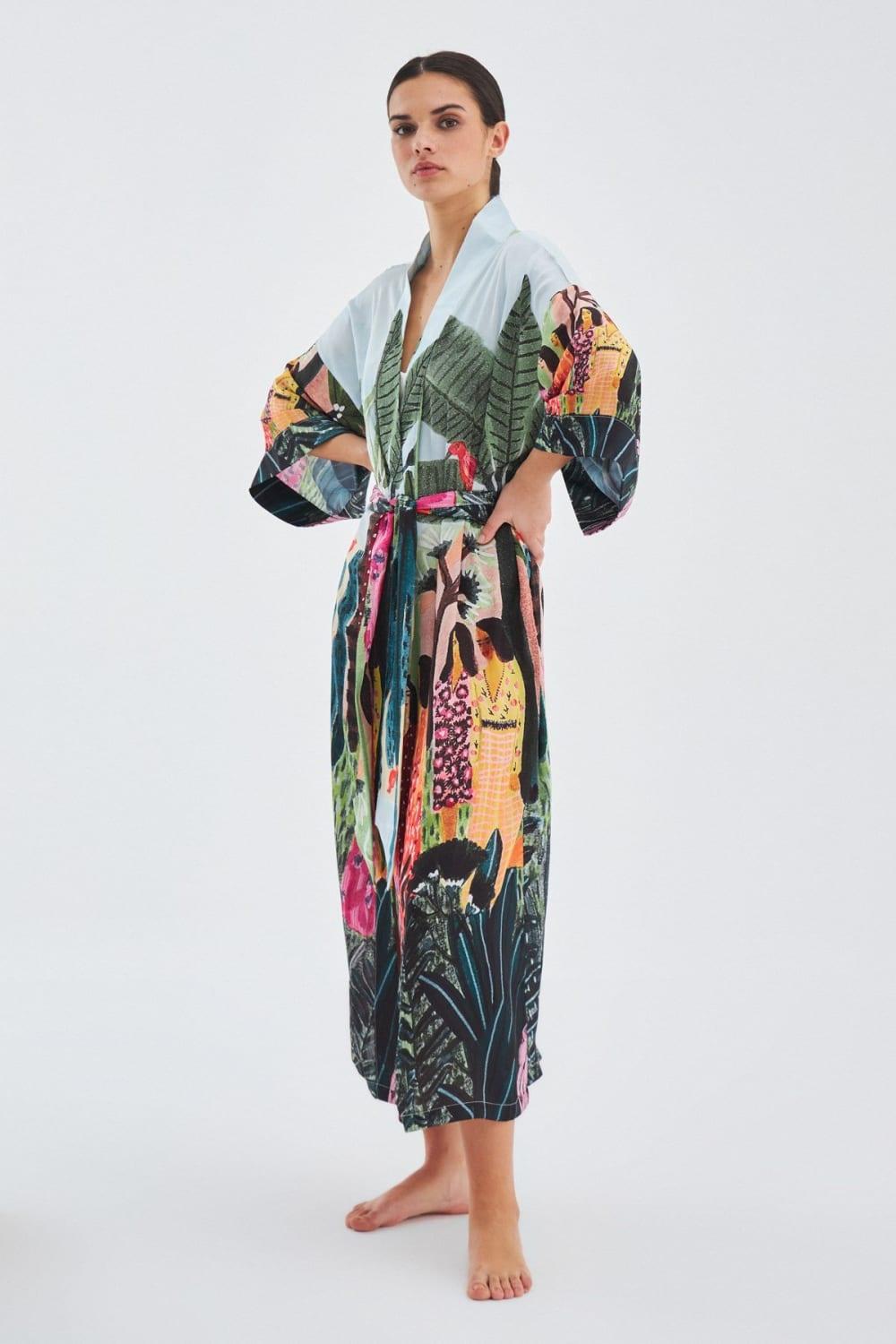 Peraluna-Kauri̇ Tropik Desenli Bilek Hizası Saten Kadın Kimono-Kimono-6-fleurdirect.live