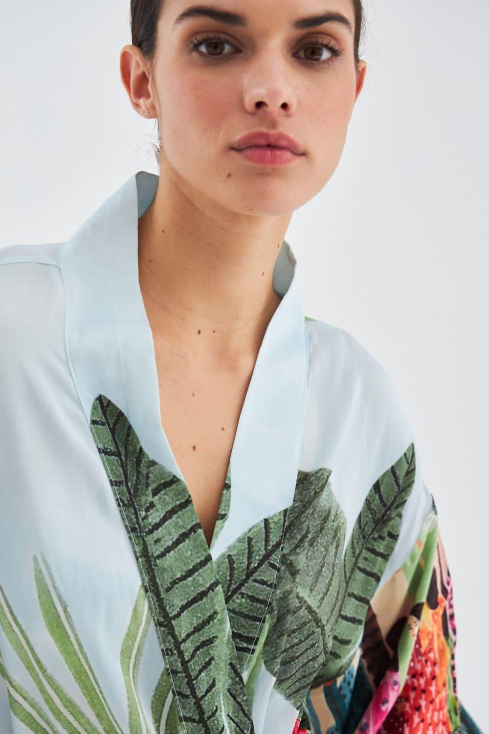 Peraluna-Kauri̇ Tropik Desenli Bilek Hizası Saten Kadın Kimono-Kimono-7-fleurdirect.live