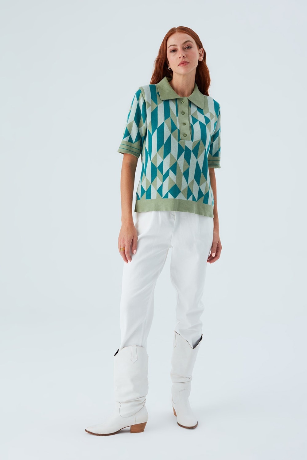 Peraluna-Lena Blouse %100 Pamuk Geometrik Retro Desenli Kadın Triko Bluz -T-Shirts-2-fleurdirect.live