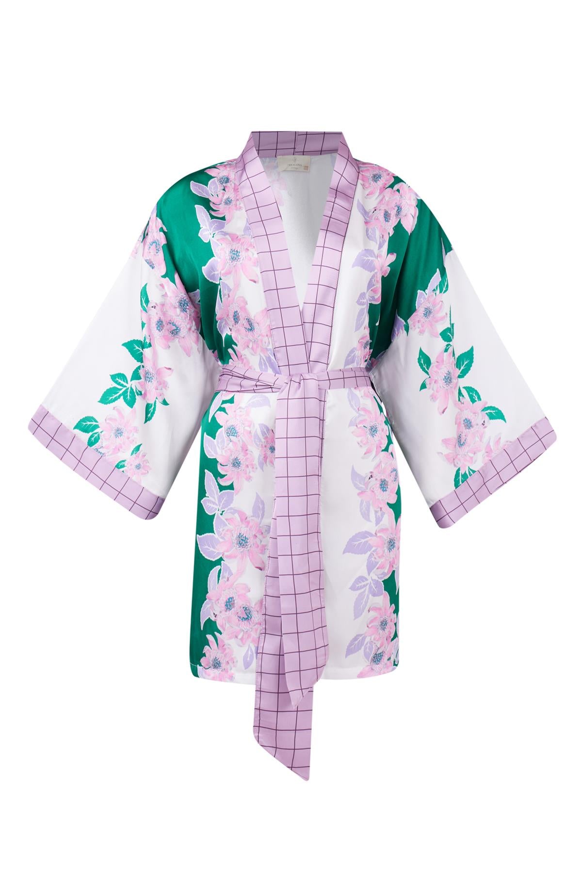 Peraluna-Lilac Charm Short Kimono çiçek Baskılı 90 Cm Saten Kısa Kadın Kimono Yeşil/Pembe-Kimono-7-fleurdirect.live