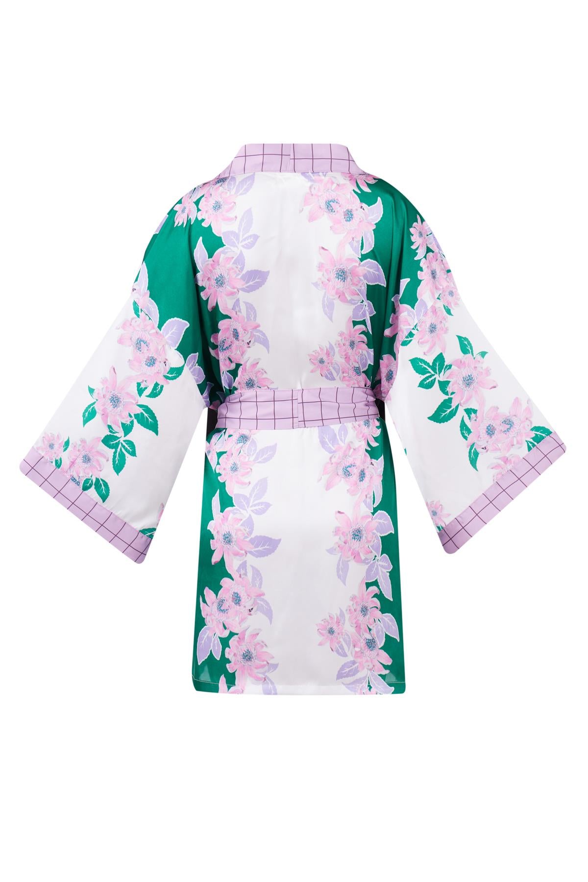 Peraluna-Lilac Charm Short Kimono çiçek Baskılı 90 Cm Saten Kısa Kadın Kimono Yeşil/Pembe-Kimono-8-fleurdirect.live