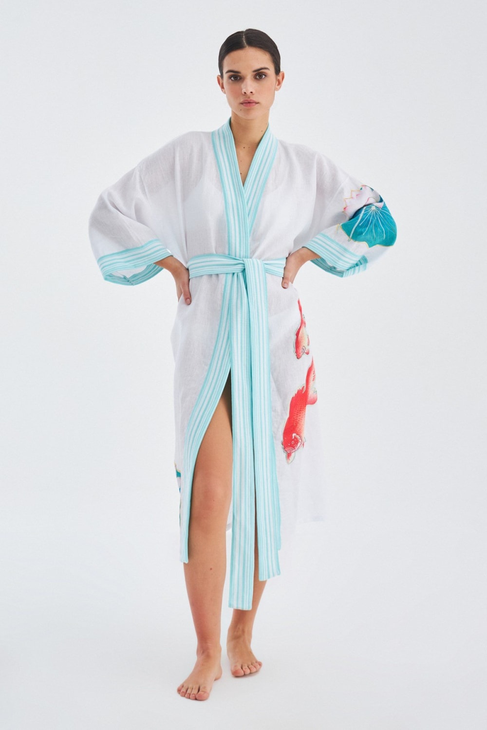 Peraluna-Lotus Balık Aplikeli Keten Karışımlı Diz Altı Kadın Kimono-Kimono-1-fleurdirect.live