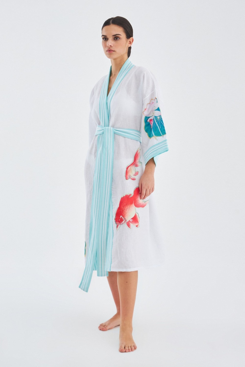 Peraluna-Lotus Balık Aplikeli Keten Karışımlı Diz Altı Kadın Kimono-Kimono-4-fleurdirect.live