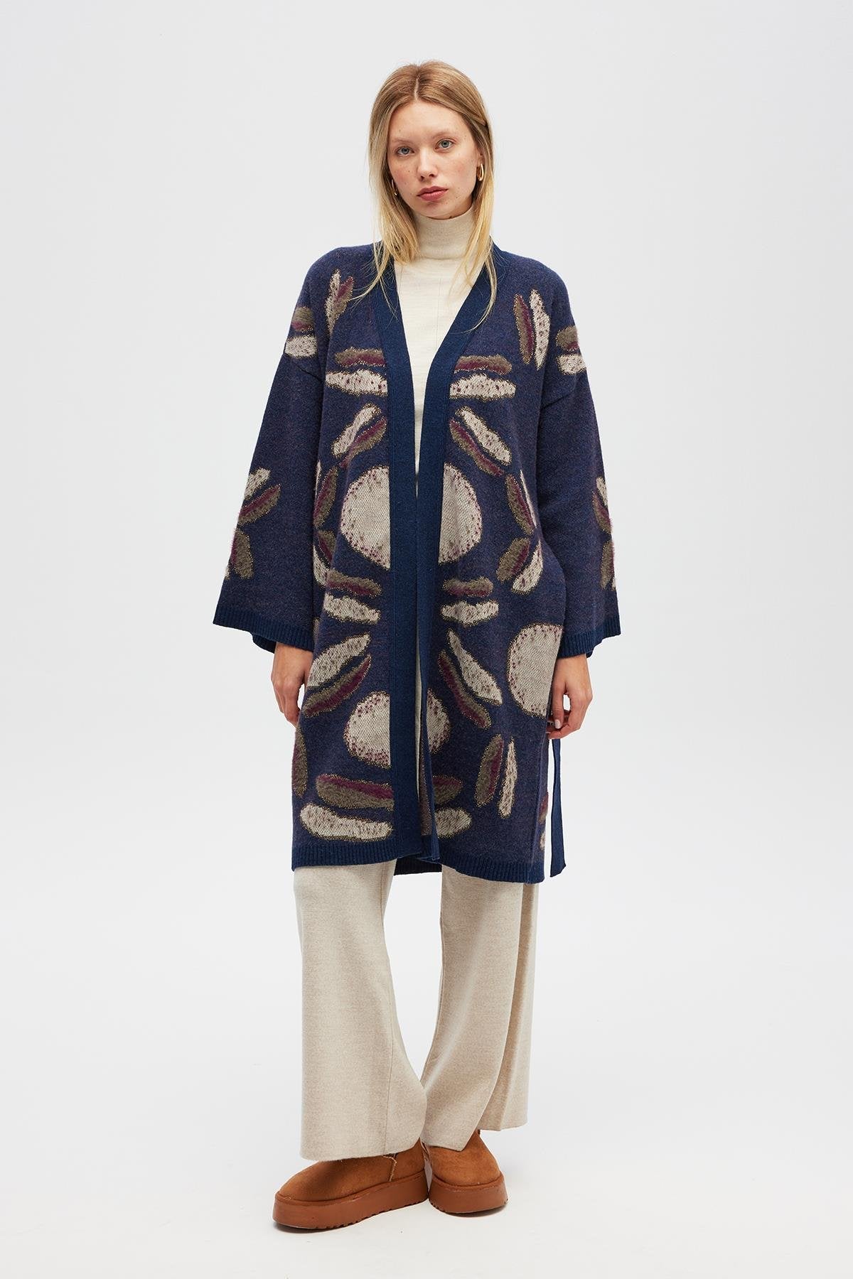 Peraluna-Makoya Desenli Kadın Triko Kimono Indigo Multi-Kimono-1-fleurdirect.live