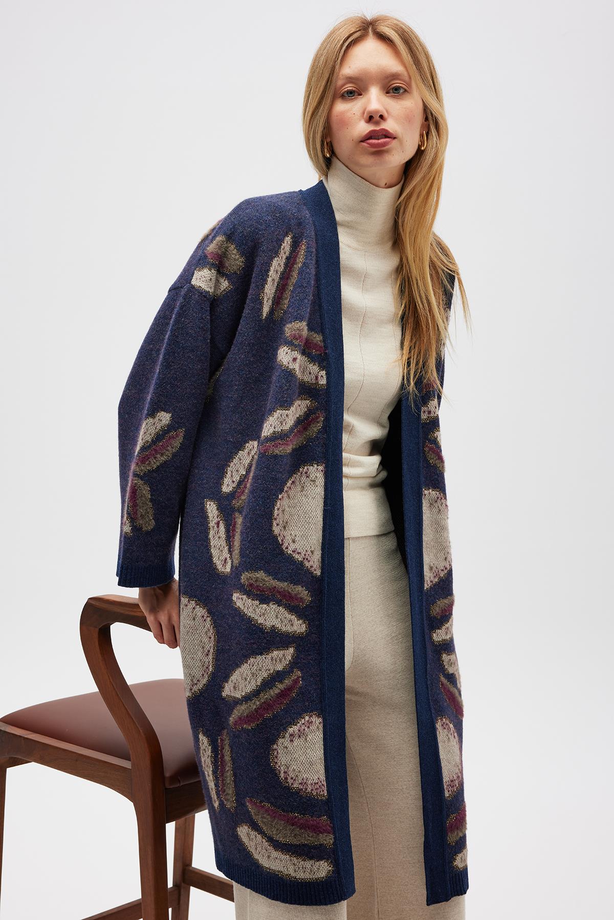 Peraluna-Makoya Desenli Kadın Triko Kimono Indigo Multi-Kimono-3-fleurdirect.live