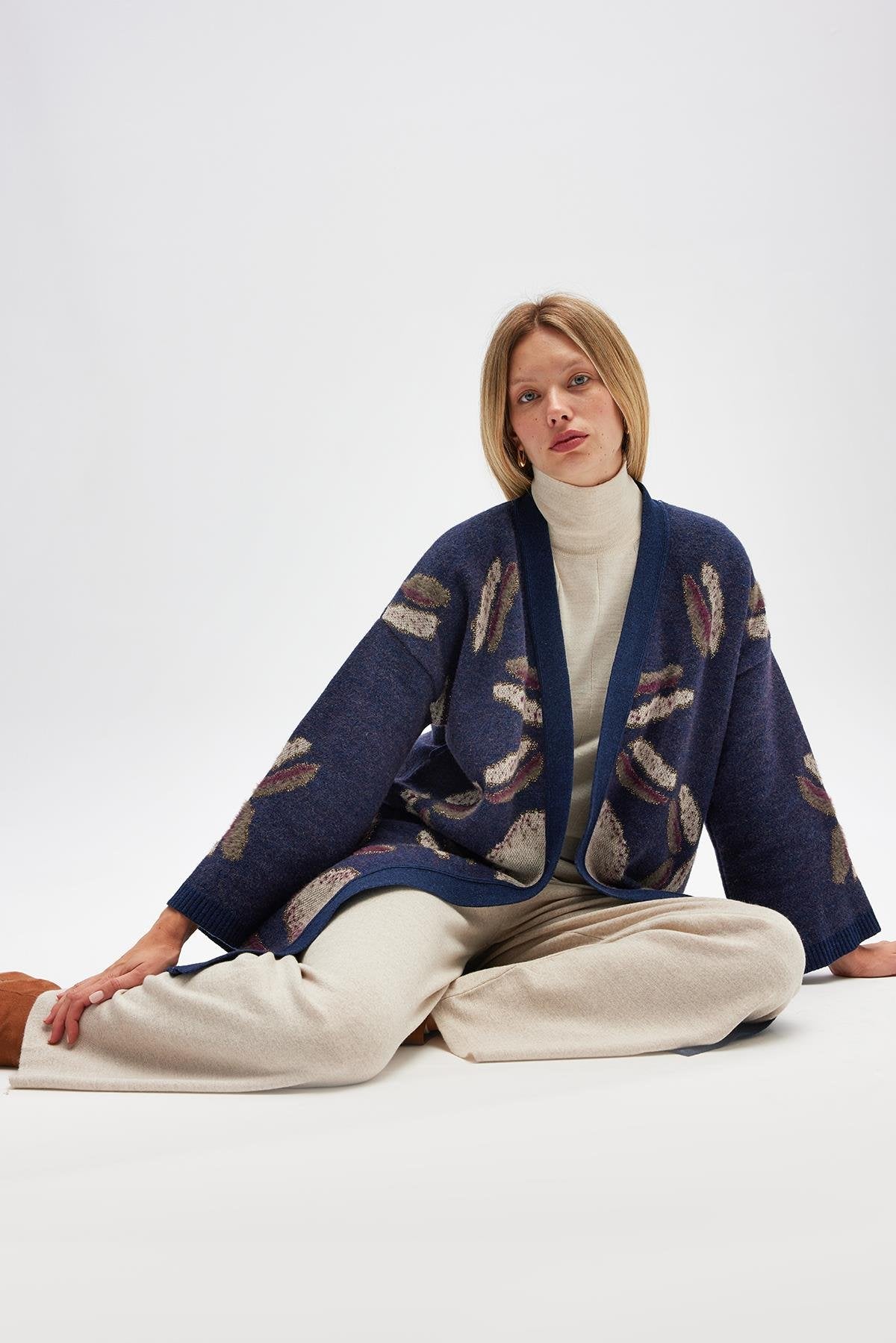 Peraluna-Makoya Desenli Kadın Triko Kimono Indigo Multi-Kimono-6-fleurdirect.live