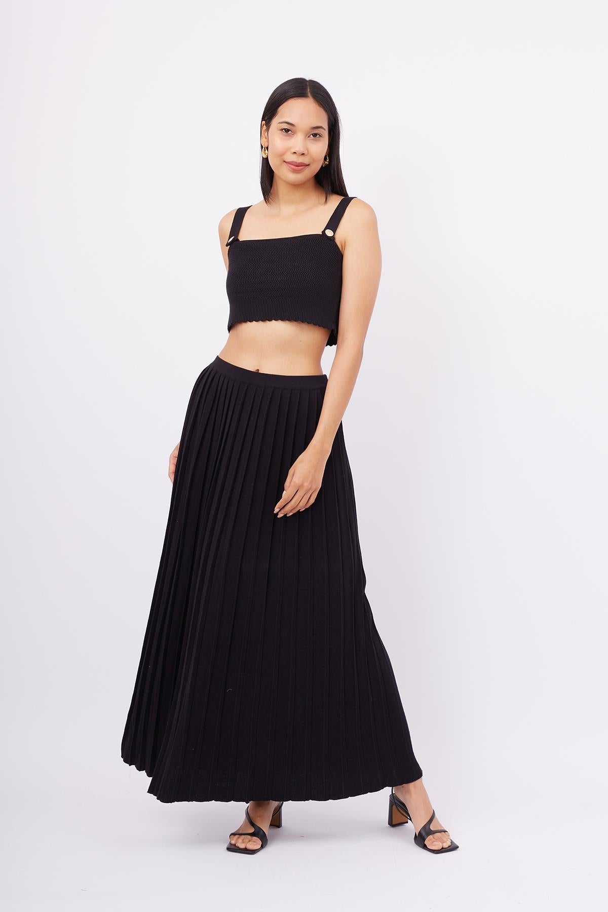 Peraluna-Maxi Skirt Maxi Boy Pileli Kadın Triko Etek Siyah-Etek-5-fleurdirect.live