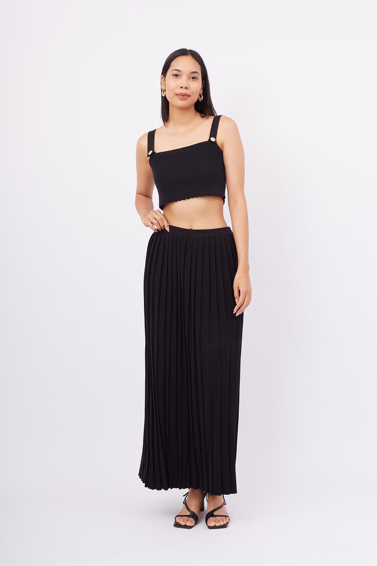 Peraluna-Maxi Skirt Maxi Boy Pileli Kadın Triko Etek Siyah-Etek-6-fleurdirect.live