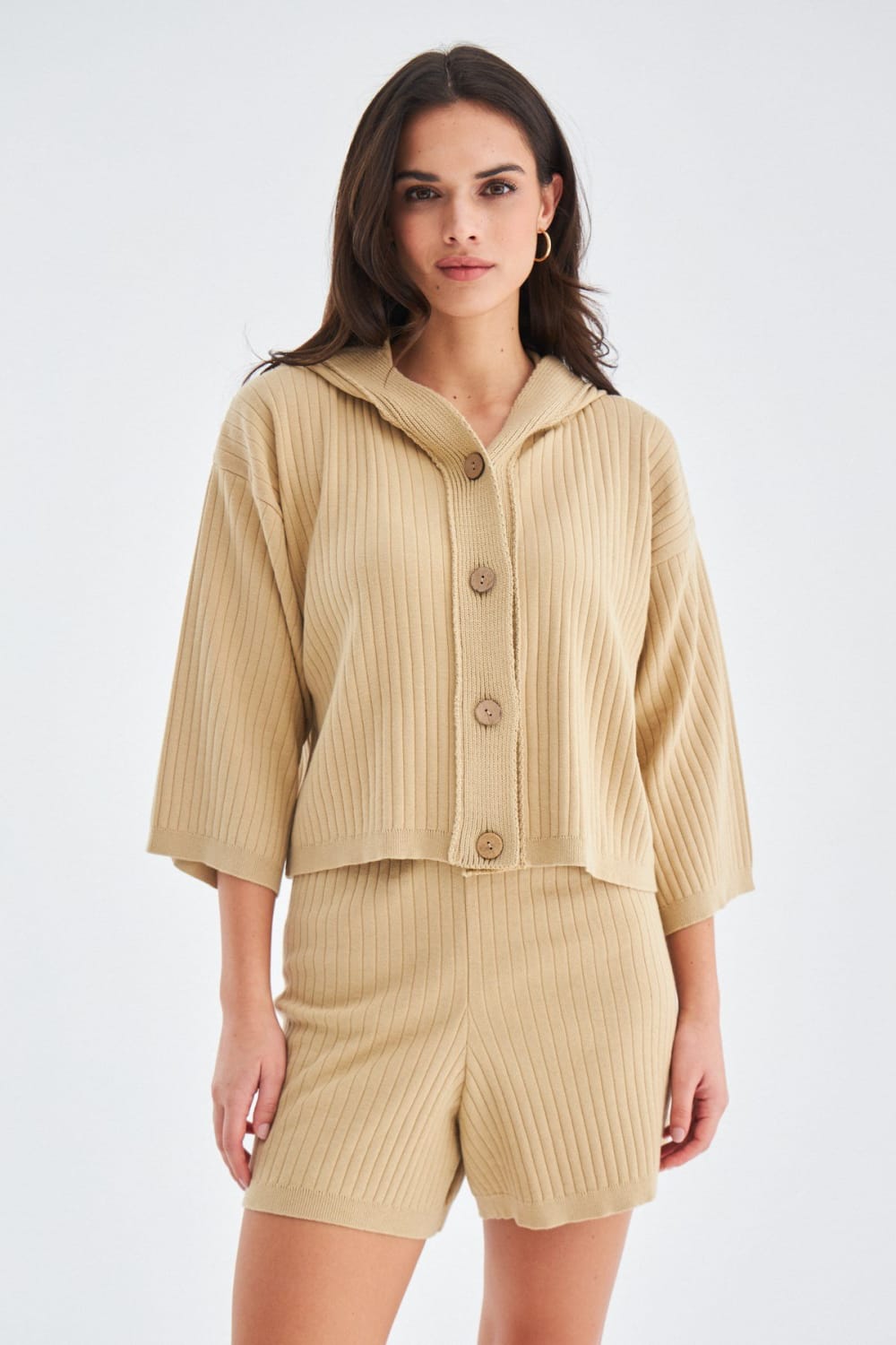 Peraluna-Mujo Cardigan & Shorts %100 Pamuk Kadın Triko Şort Takım-Şort-16-fleurdirect.live