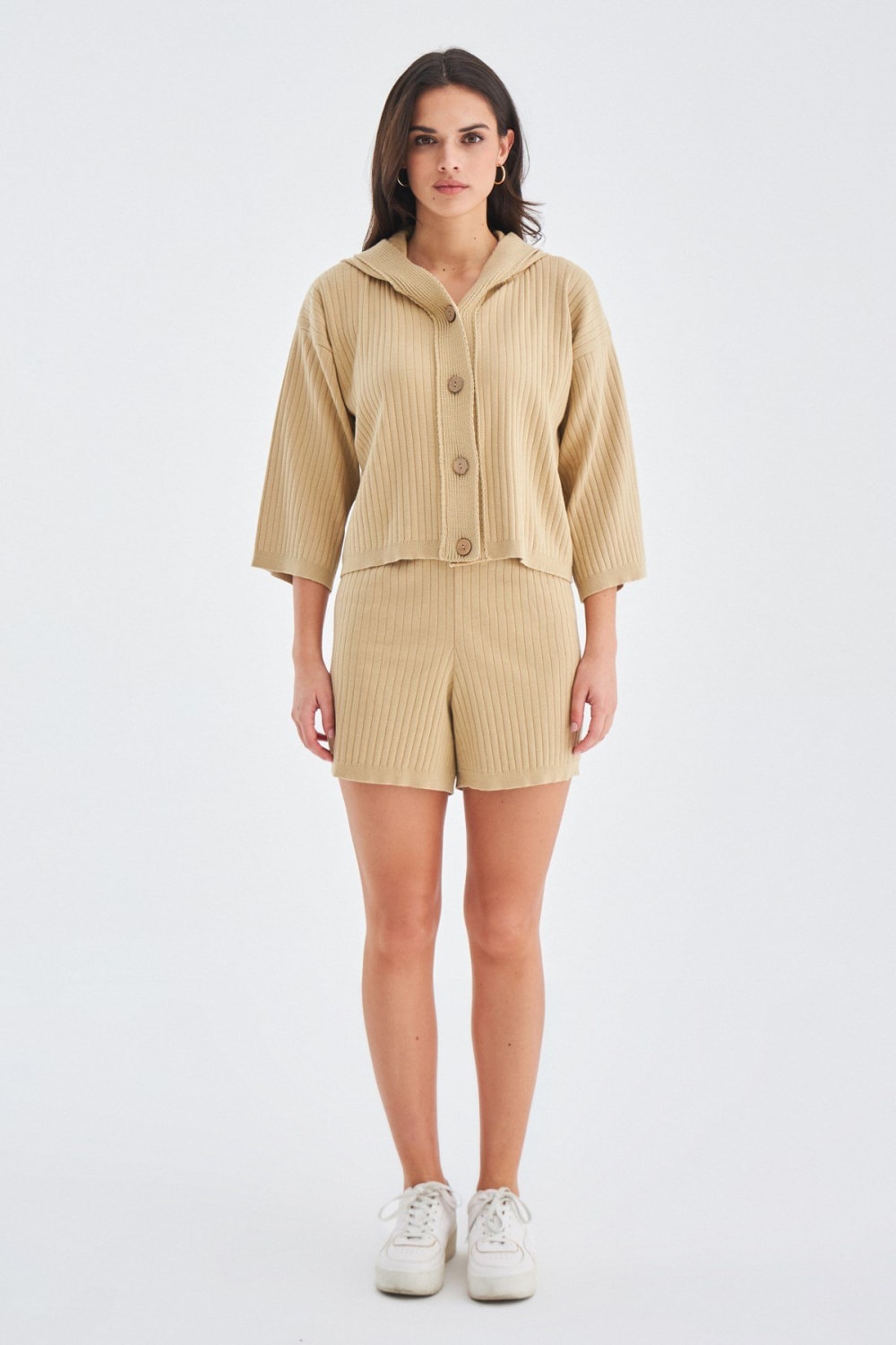 Peraluna-Mujo Cardigan & Shorts %100 Pamuk Kadın Triko Şort Takım-Şort-17-fleurdirect.live
