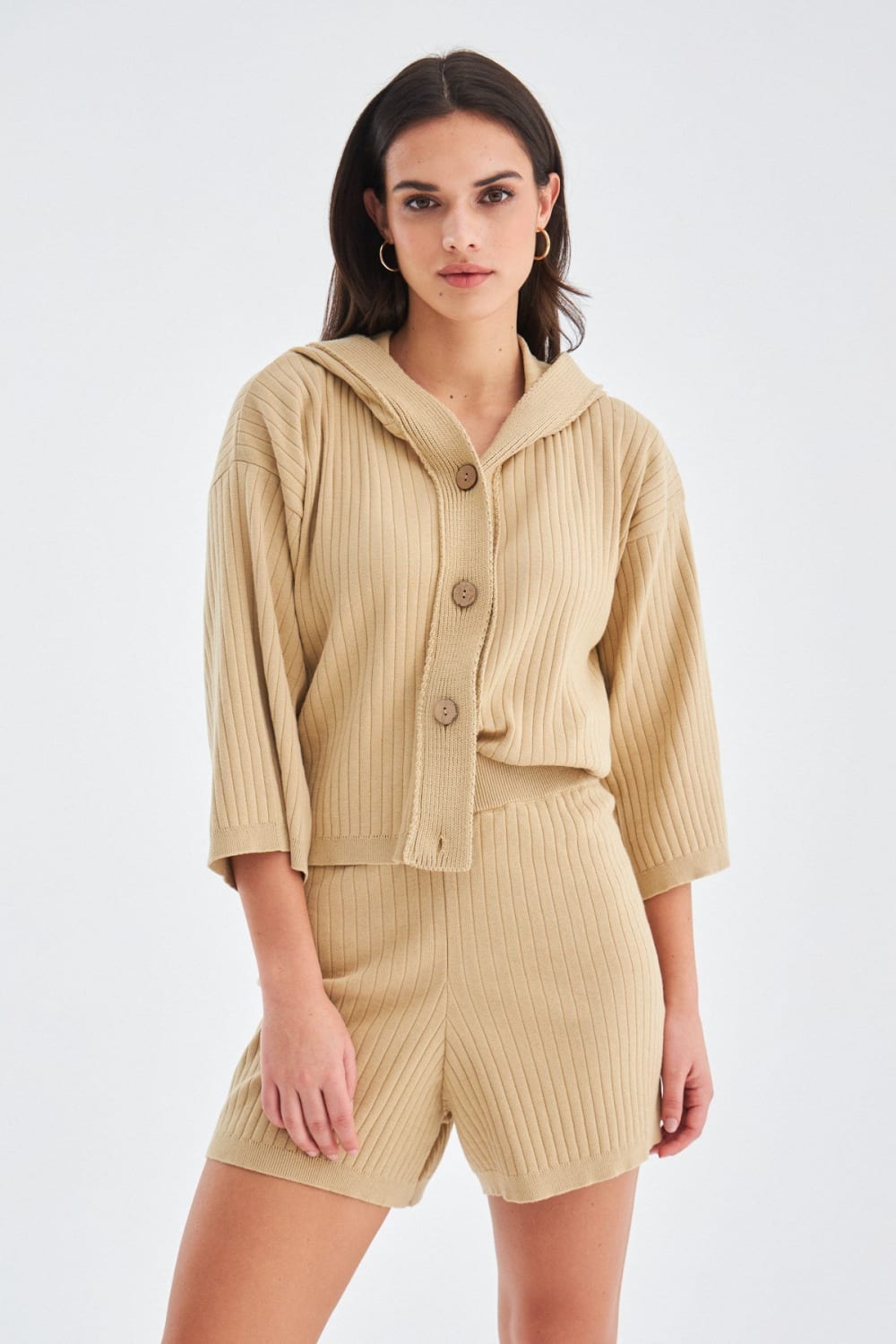 Peraluna-Mujo Cardigan & Shorts %100 Pamuk Kadın Triko Şort Takım-Şort-18-fleurdirect.live