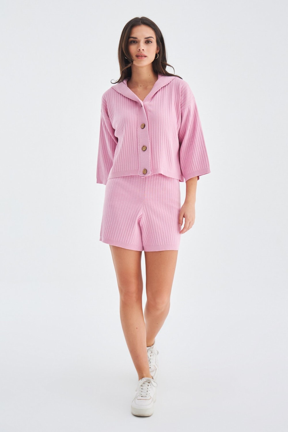Peraluna-Mujo Cardigan & Shorts %100 Pamuk Kadın Triko Şort Takım-Şort-6-fleurdirect.live