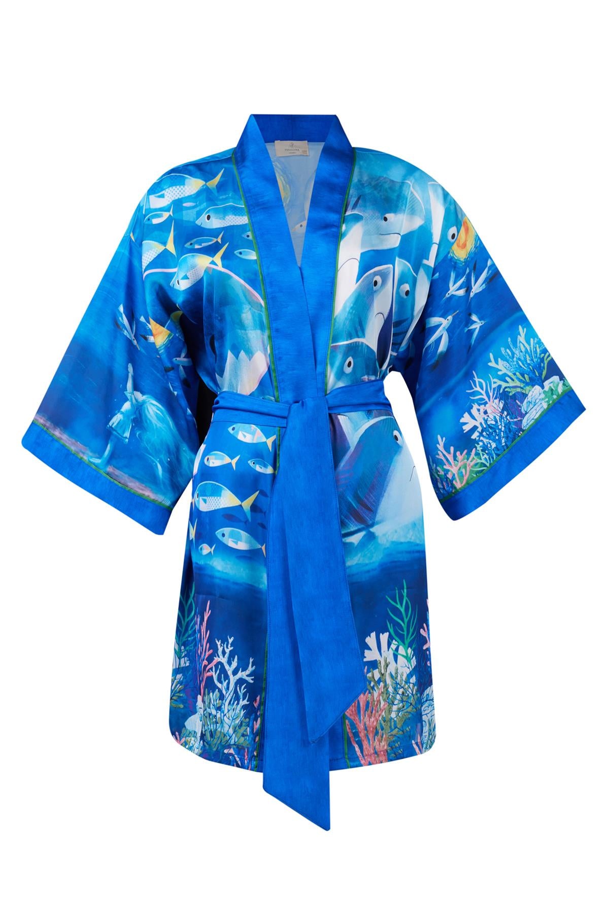 Peraluna-Ocean Story Short Kimono Balık Kuş Ve Kız çocuk Baskılı 90 Cm Kısa Saten Kadın Kimono Deniz Mavisi-Kimono-8-fleurdirect.live