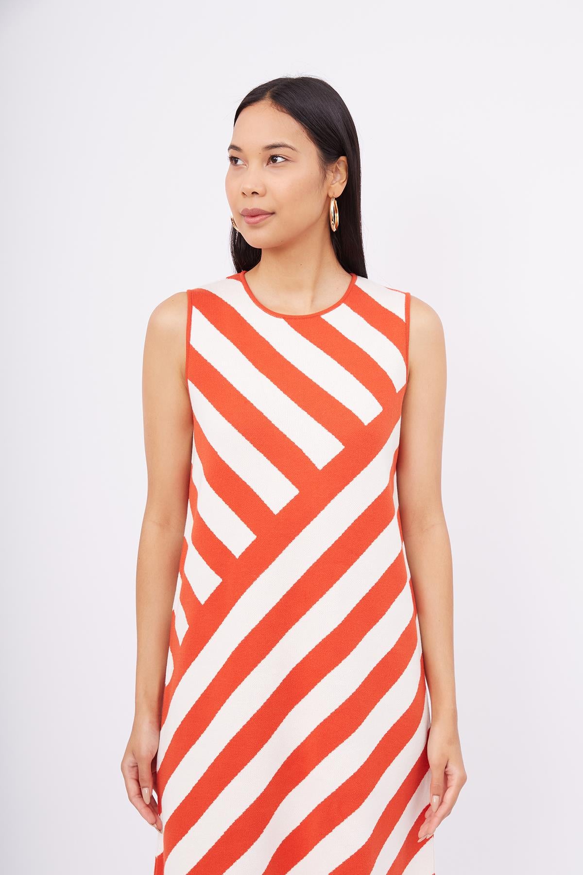 Peraluna-Paula Dress Diagonal Çizgili A Form Kolsuz İnce Kadın Triko Elbise Kırmızı/Beyaz-Elbise-2-fleurdirect.live