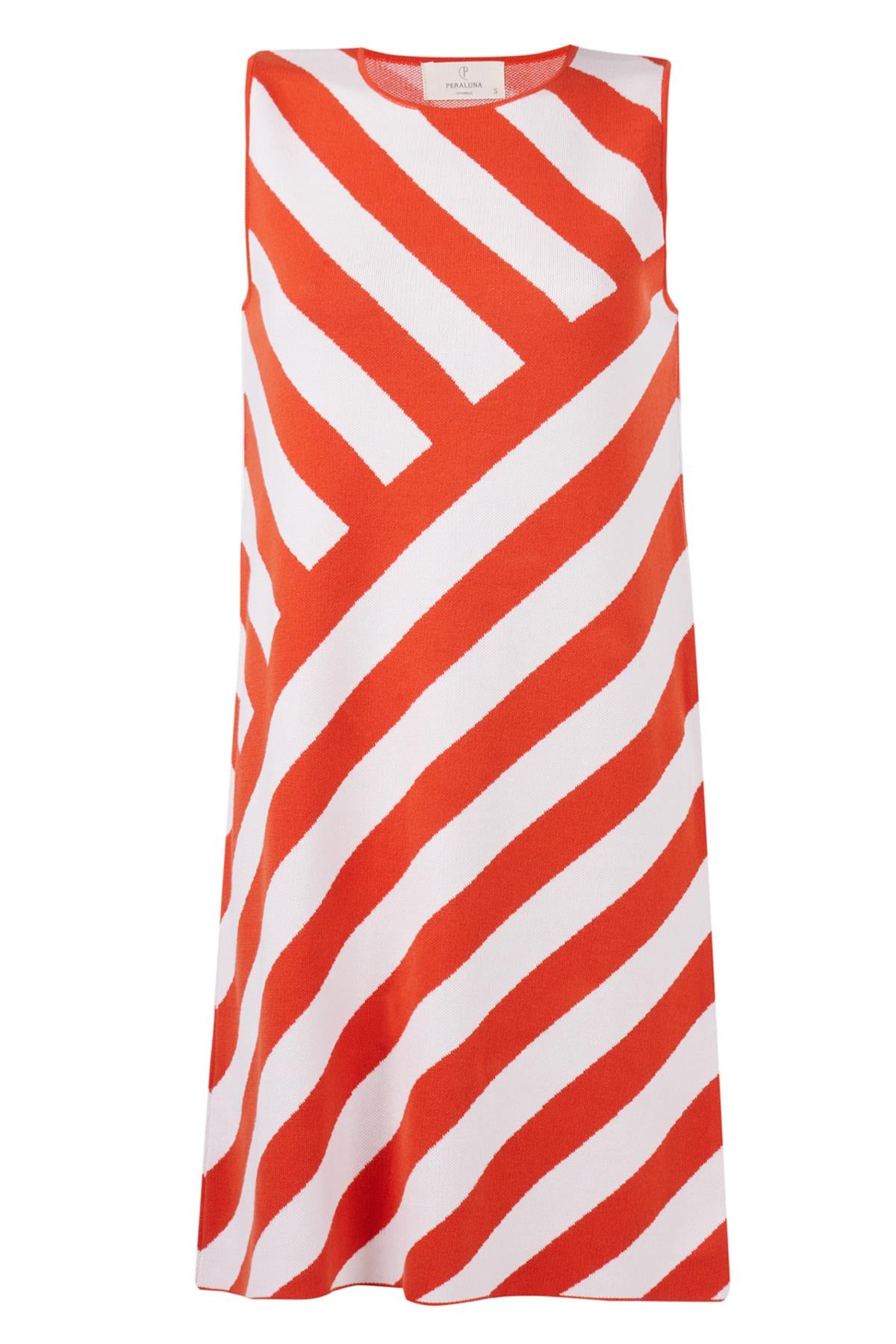 Peraluna-Paula Dress Diagonal Çizgili A Form Kolsuz İnce Kadın Triko Elbise Kırmızı/Beyaz-Elbise-8-fleurdirect.live