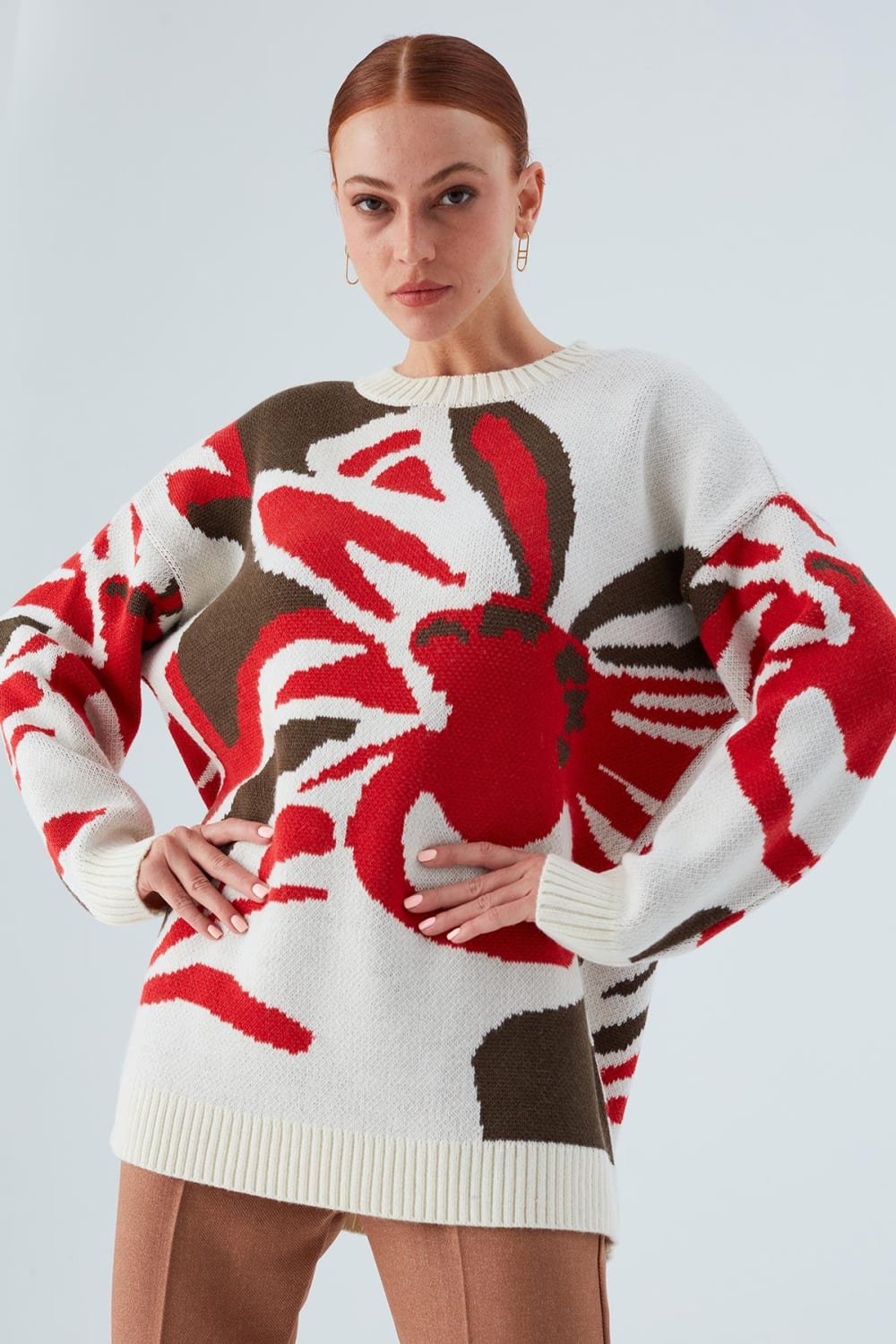 Peraluna-Polina Pullover Çiçek Desenli Uzun Kadın Triko Kazak-Kazak & Triko-1-fleurdirect.live
