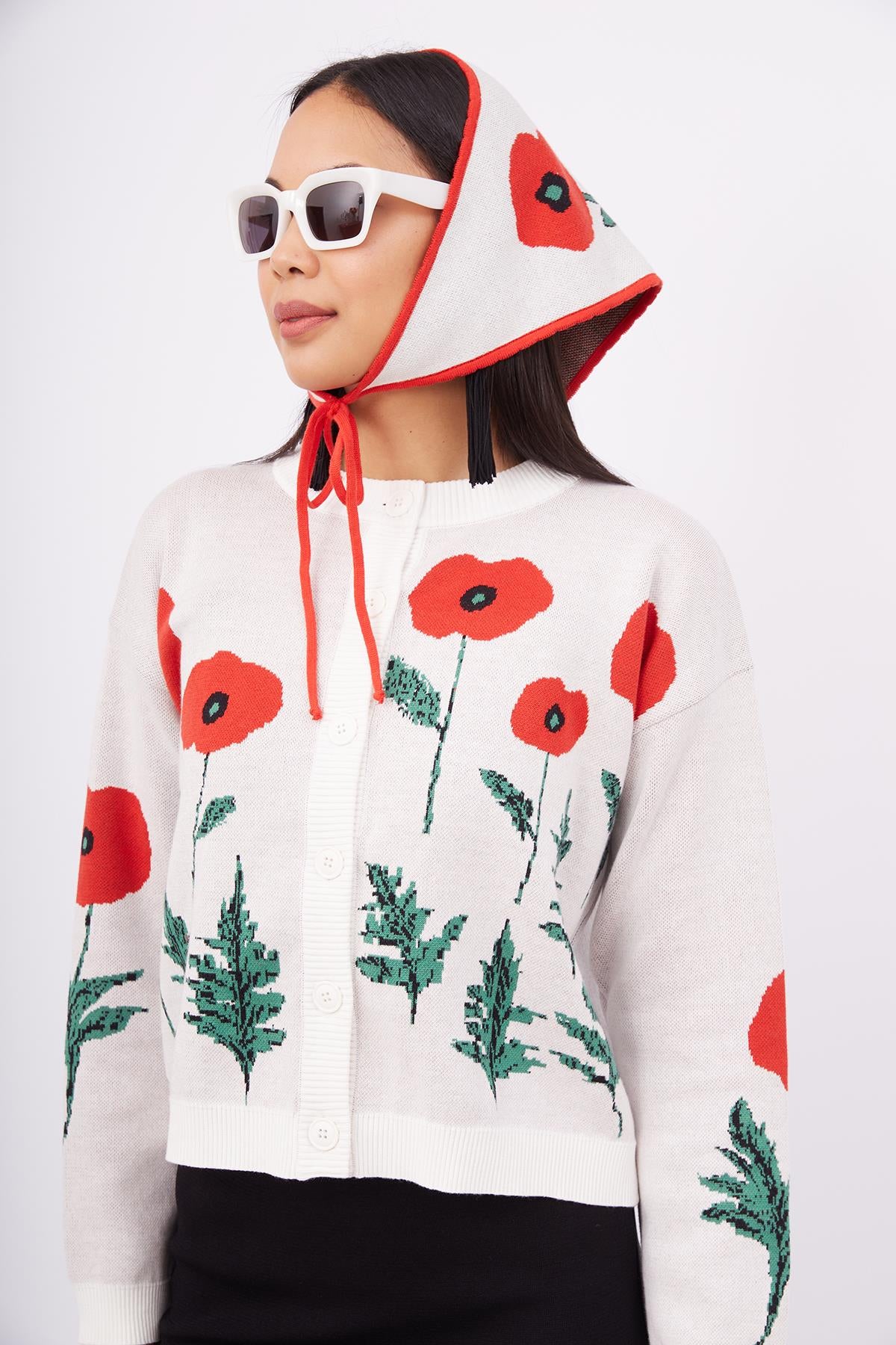 Peraluna-Poppy Cardigan Gelincik Desen Bisiklet Yaka Rahat Kesim Kadın Triko Hırka Ekru-Kazak & Triko-6-fleurdirect.live