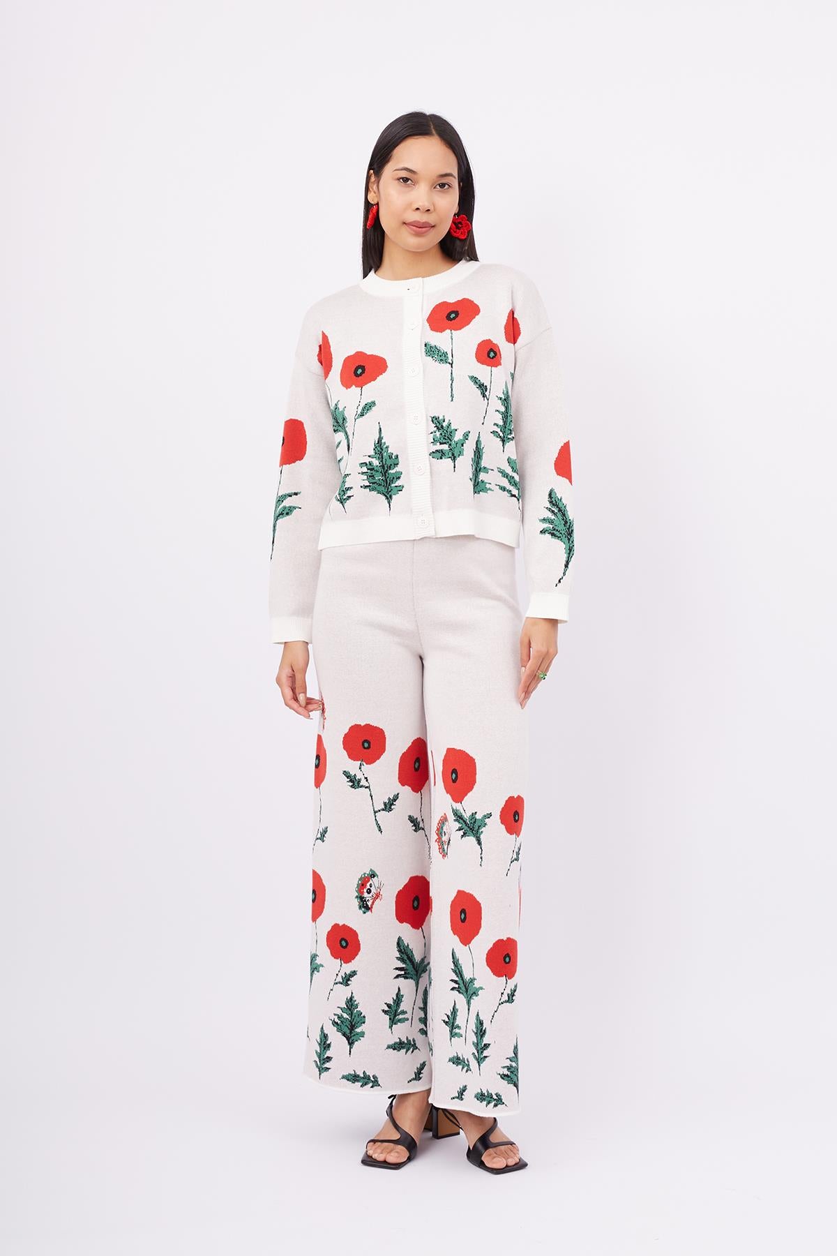 Peraluna-Poppy Trouser Gelincik Desen Yüksek Bel Rahat Kesim Beli Lastikli Kadın Triko Pantolon Ekru-Pantolon-1-fleurdirect.live