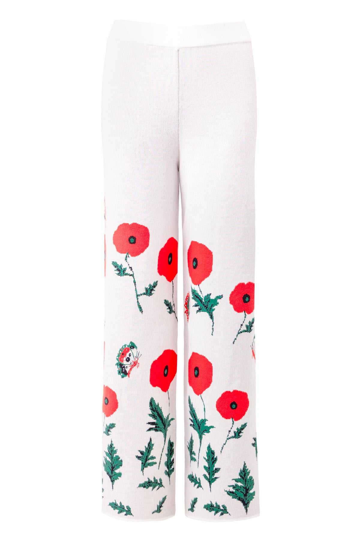 Peraluna-Poppy Trouser Gelincik Desen Yüksek Bel Rahat Kesim Beli Lastikli Kadın Triko Pantolon Ekru-Pantolon-9-fleurdirect.live