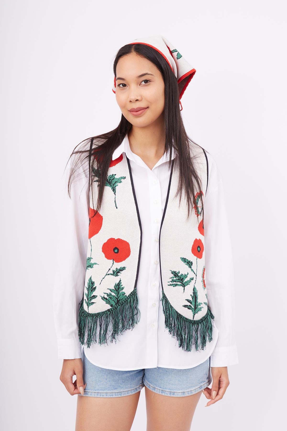 Peraluna-Poppy Waistcoat Gelincik Desen V Yaka Eteği Püskül Detaylı Rahat Kesim Kadın Triko Yelek Ekru Multi-Yelek-5-fleurdirect.live