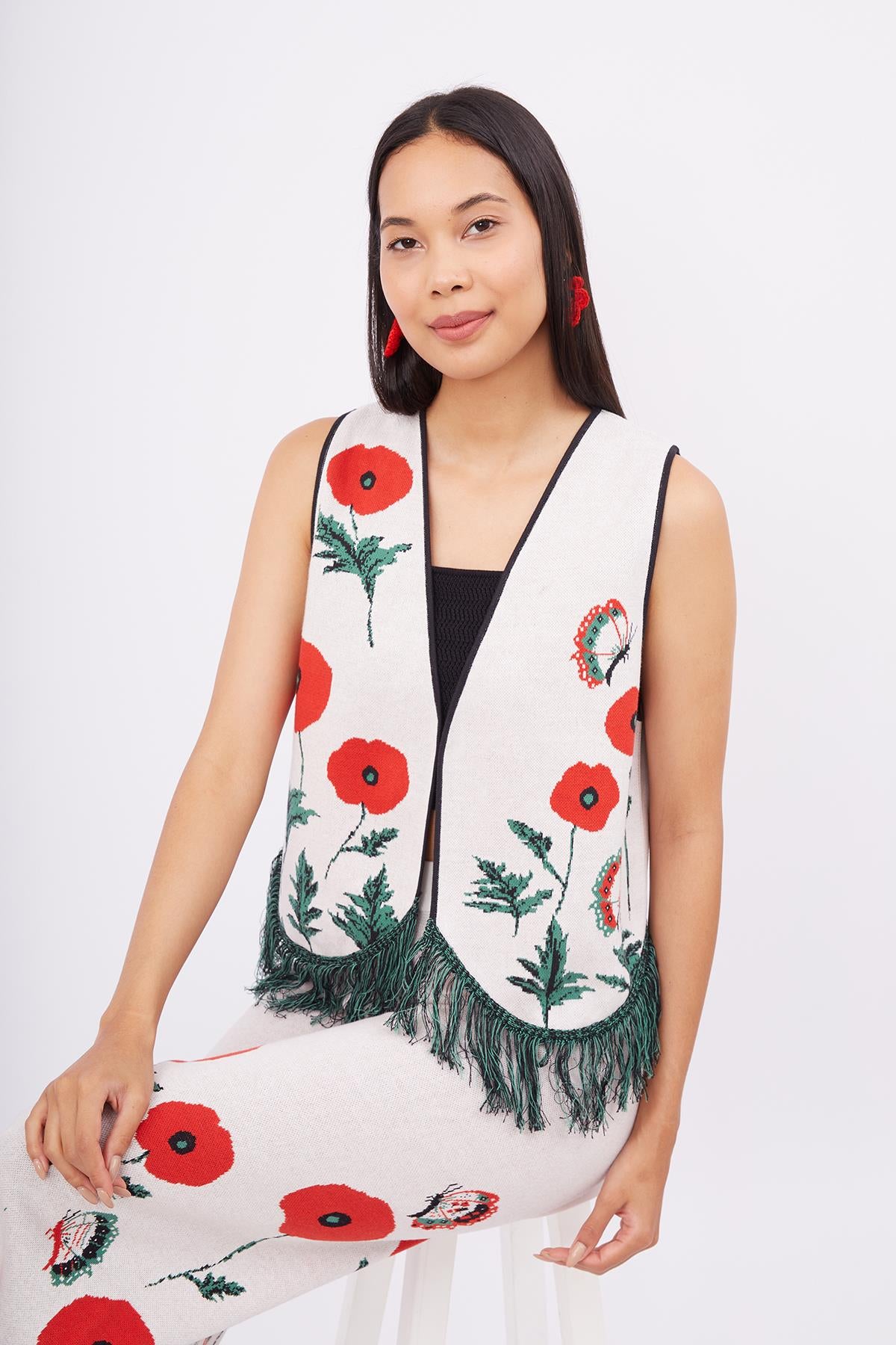 Peraluna-Poppy Waistcoat Gelincik Desen V Yaka Eteği Püskül Detaylı Rahat Kesim Kadın Triko Yelek Ekru Multi-Yelek-6-fleurdirect.live