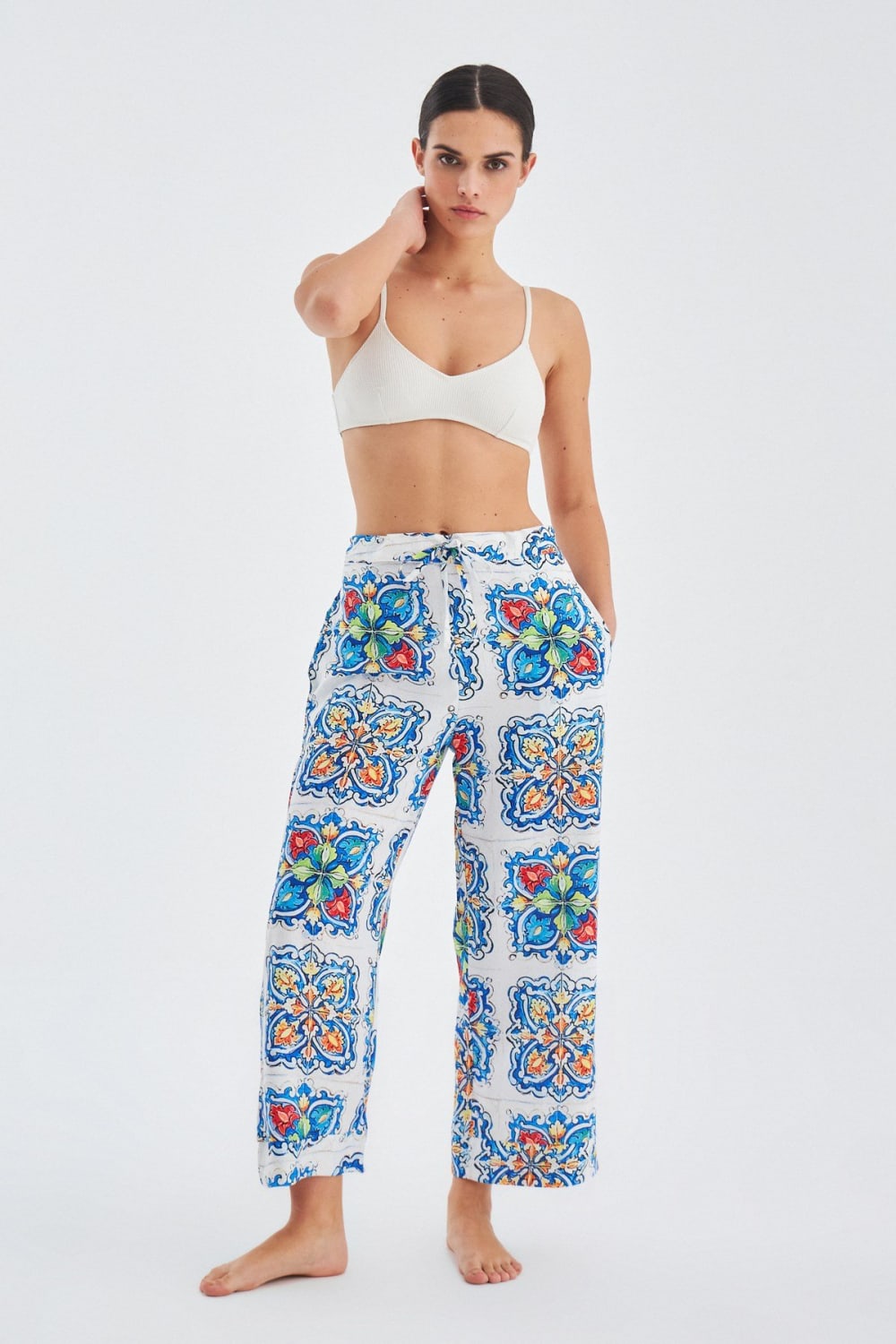 Peraluna-Ri̇a Trouser Çini Desenli Bol Kesim Yazlık Saten Kadın Pantolon-Pantolon-1-fleurdirect.live