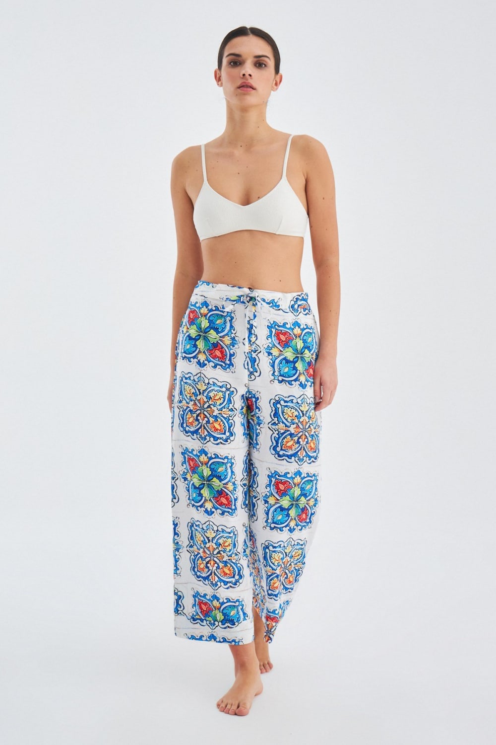 Peraluna-Ri̇a Trouser Çini Desenli Bol Kesim Yazlık Saten Kadın Pantolon-Pantolon-2-fleurdirect.live