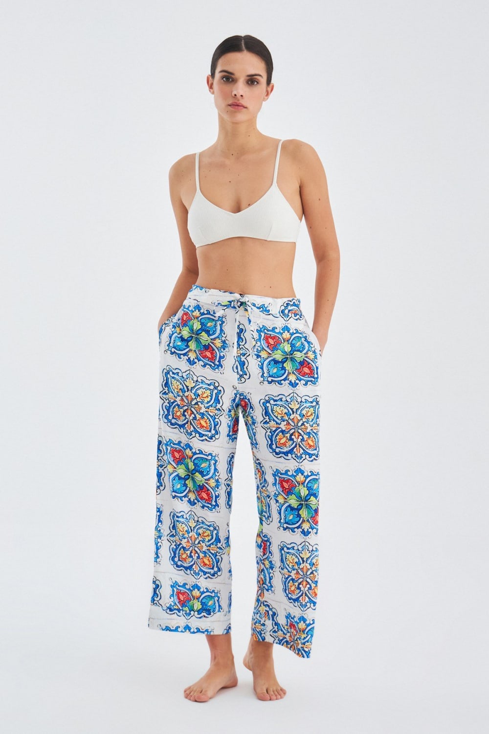 Peraluna-Ri̇a Trouser Çini Desenli Bol Kesim Yazlık Saten Kadın Pantolon-Pantolon-3-fleurdirect.live