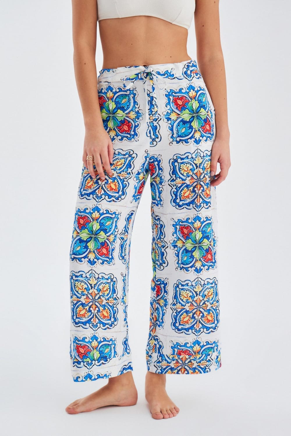 Peraluna-Ri̇a Trouser Çini Desenli Bol Kesim Yazlık Saten Kadın Pantolon-Pantolon-4-fleurdirect.live