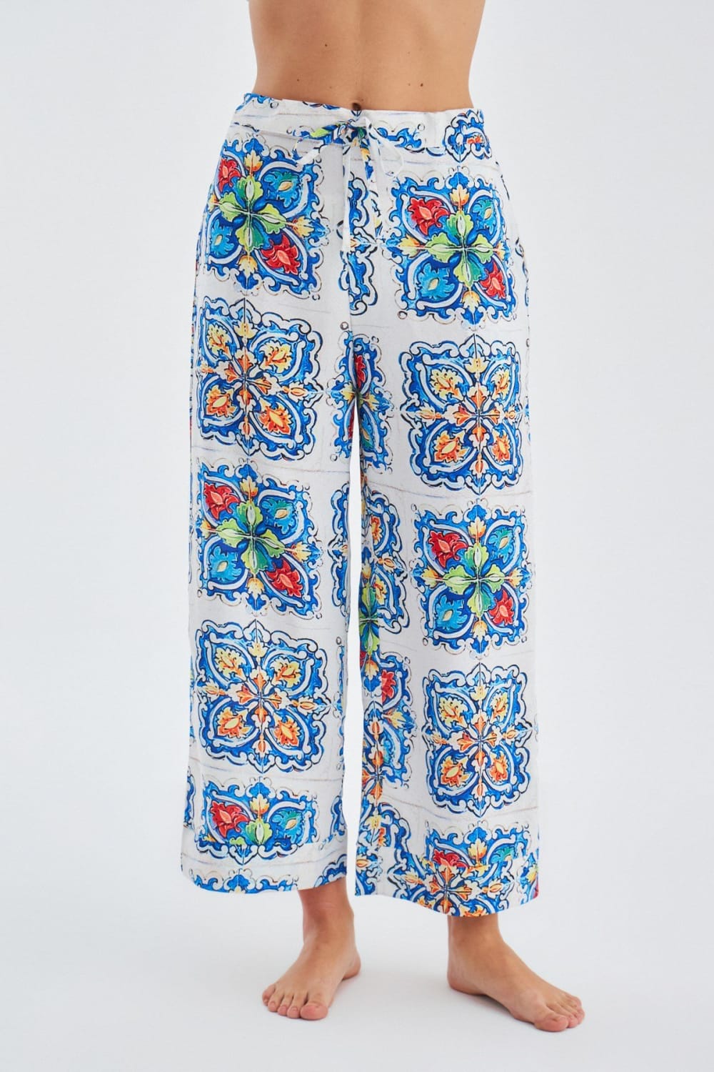 Peraluna-Ri̇a Trouser Çini Desenli Bol Kesim Yazlık Saten Kadın Pantolon-Pantolon-5-fleurdirect.live