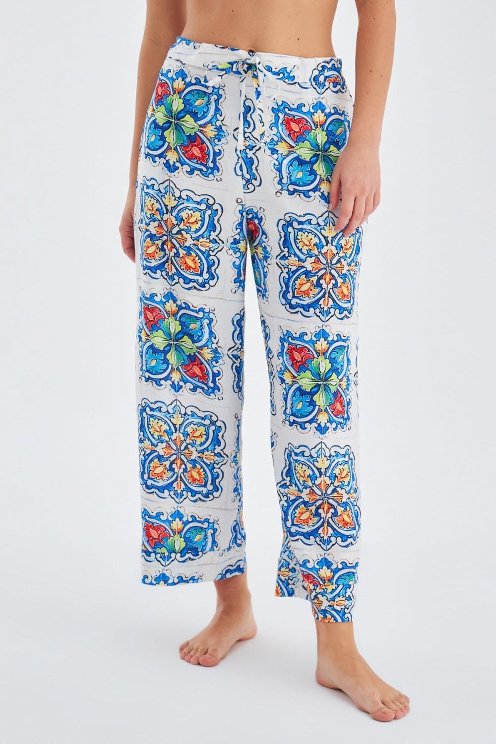 Peraluna-Ri̇a Trouser Çini Desenli Bol Kesim Yazlık Saten Kadın Pantolon-Pantolon-6-fleurdirect.live