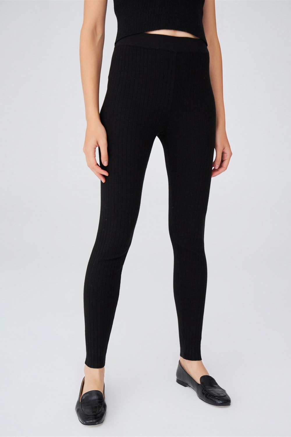 Peraluna-Ribanalı Yüksek Bel Kadın Triko Tayt-Tayt-2-fleurdirect.live