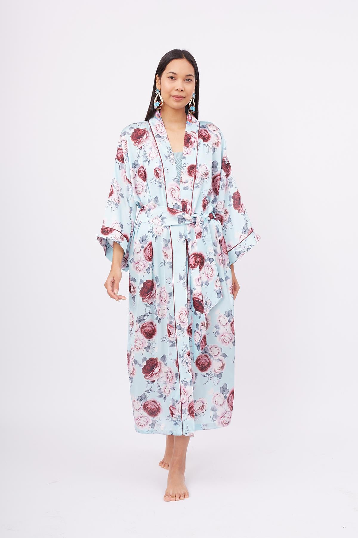 Peraluna-Rosemarry Long Kimono Gül Desen Baskılı 125 Cm Uzun Saten Kadın Kimono Turkuaz-Kimono-1-fleurdirect.live