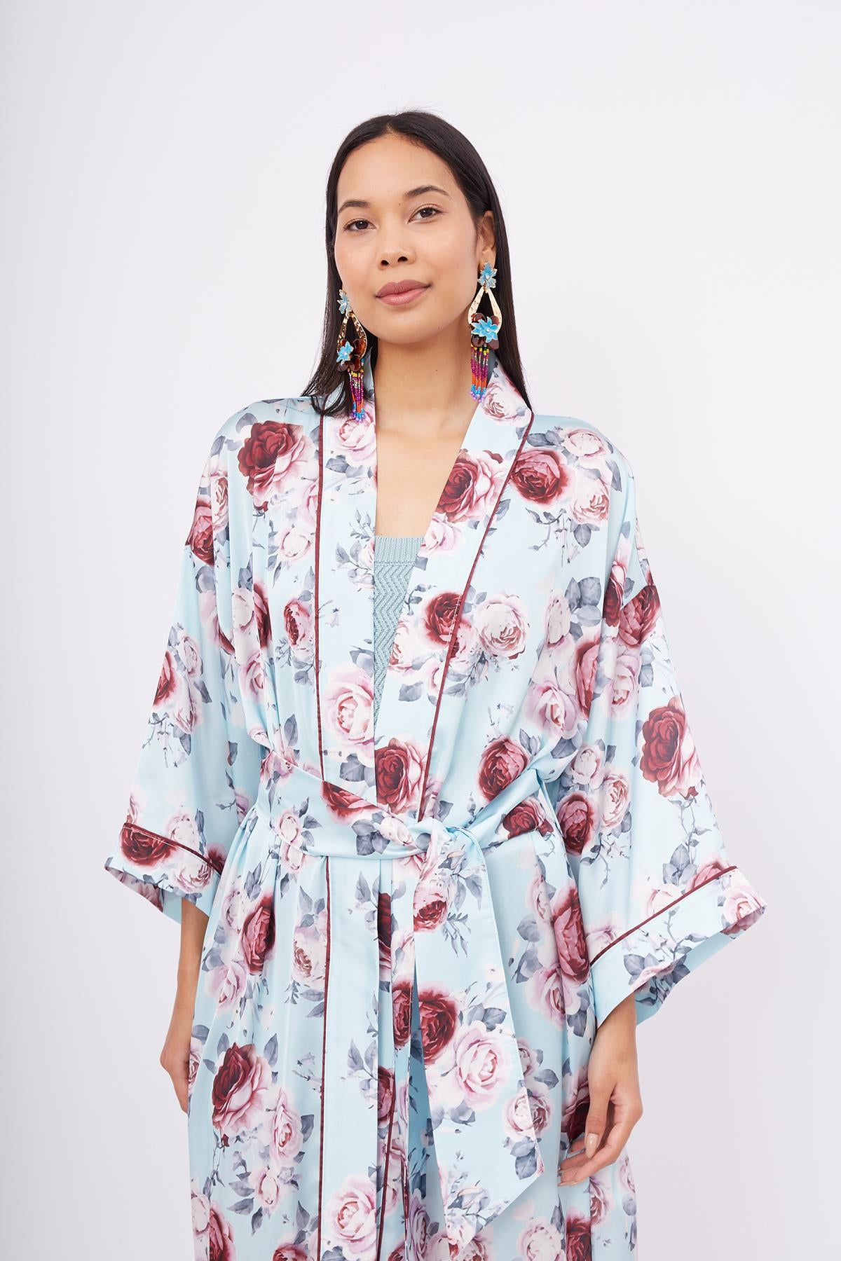 Peraluna-Rosemarry Long Kimono Gül Desen Baskılı 125 Cm Uzun Saten Kadın Kimono Turkuaz-Kimono-2-fleurdirect.live