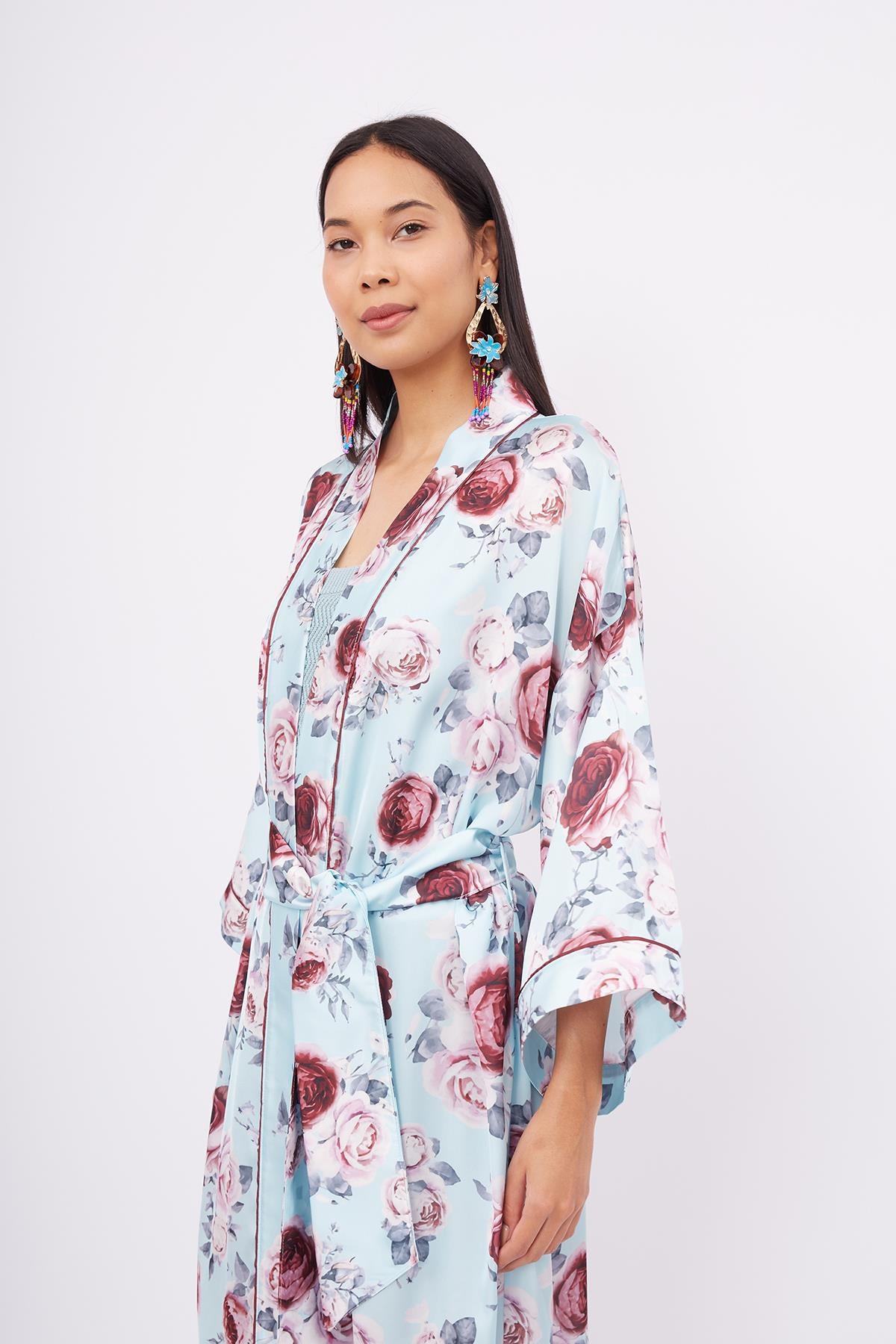 Peraluna-Rosemarry Long Kimono Gül Desen Baskılı 125 Cm Uzun Saten Kadın Kimono Turkuaz-Kimono-5-fleurdirect.live
