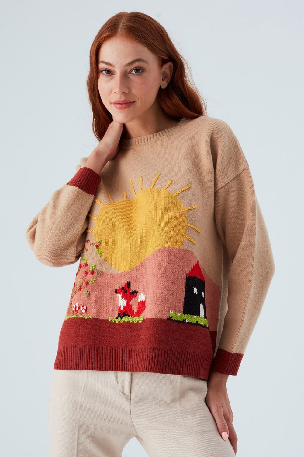 Peraluna-Sunny Pullover El İşlemeli Desenli Kadın Triko Kazak-Kazak & Triko-4-fleurdirect.live