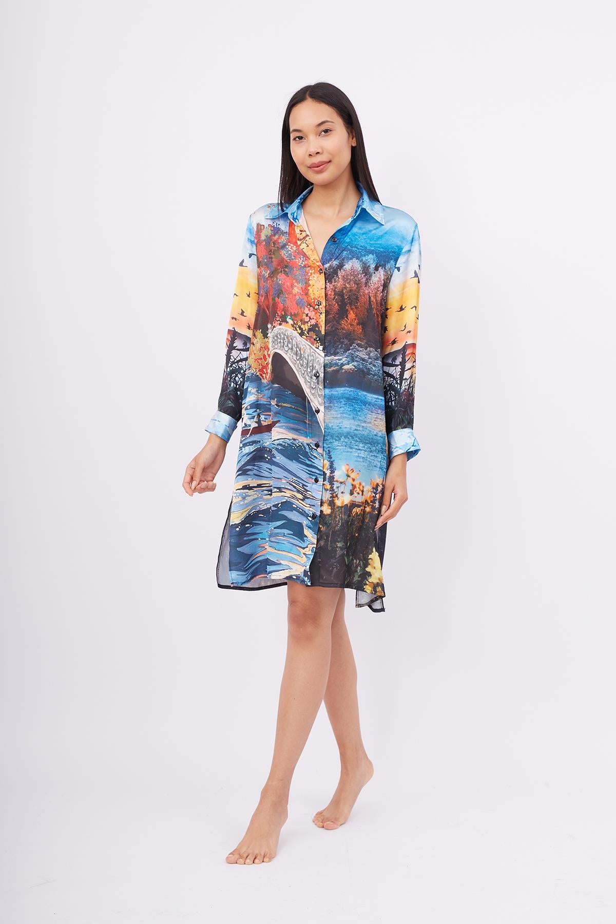 Peraluna-Sweet Memories Long Shirt Dress Manzara Baskılı 120 Cm Saten Uzun Gömlek Elbise-Elbise-1-fleurdirect.live
