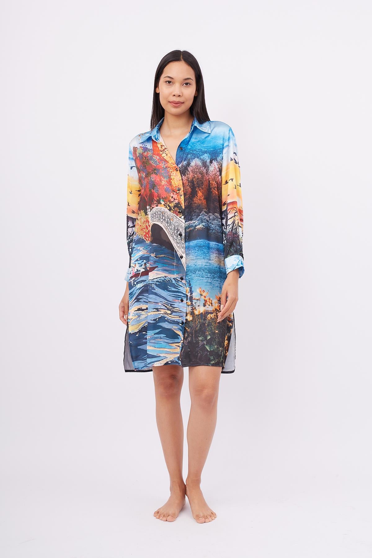 Peraluna-Sweet Memories Long Shirt Dress Manzara Baskılı 120 Cm Saten Uzun Gömlek Elbise-Elbise-6-fleurdirect.live